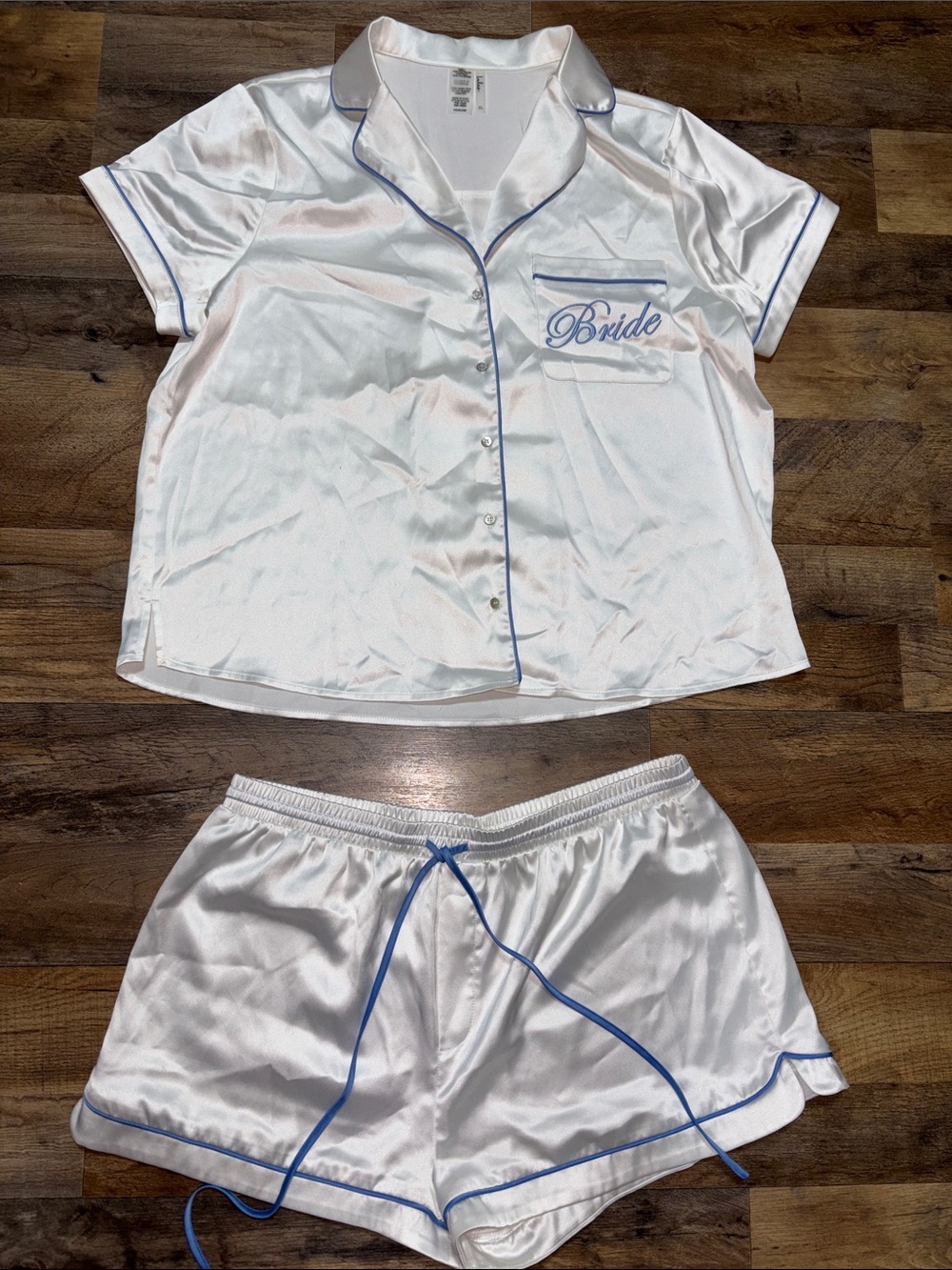 Lulus™️ | Bride Satin Short Sleeve Pajama Set in White with Blue Trim | Size XL